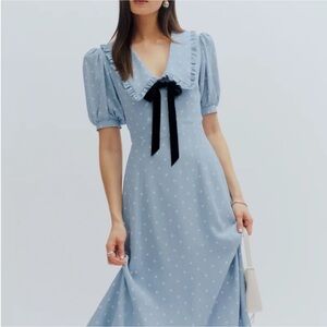 REFORMATION Buchanan Elegant Blue Polka Dot Dress with Black Bow